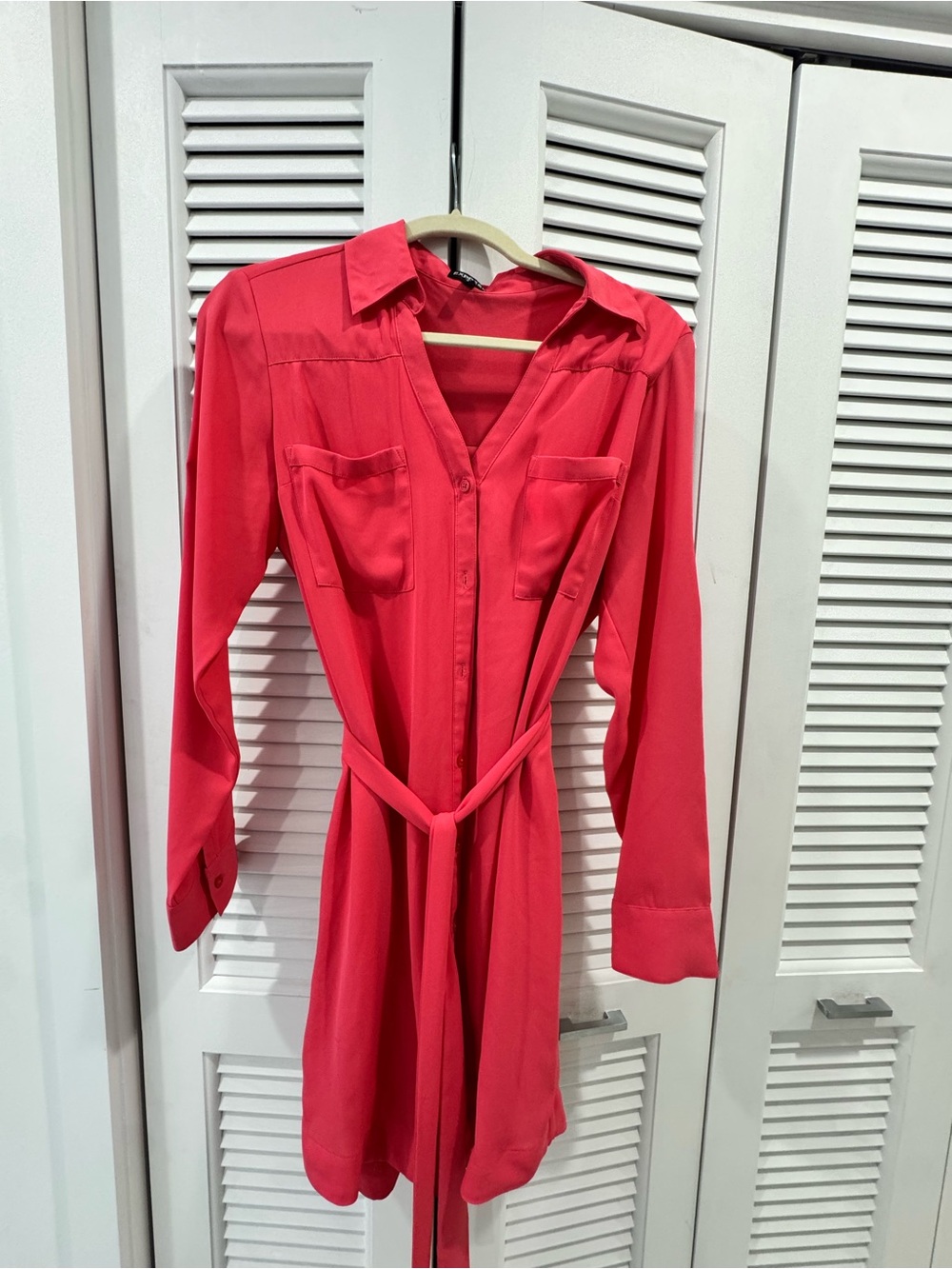 Express Coral Pink Long-Sleeve Button Shirt Dress with Waist Tie